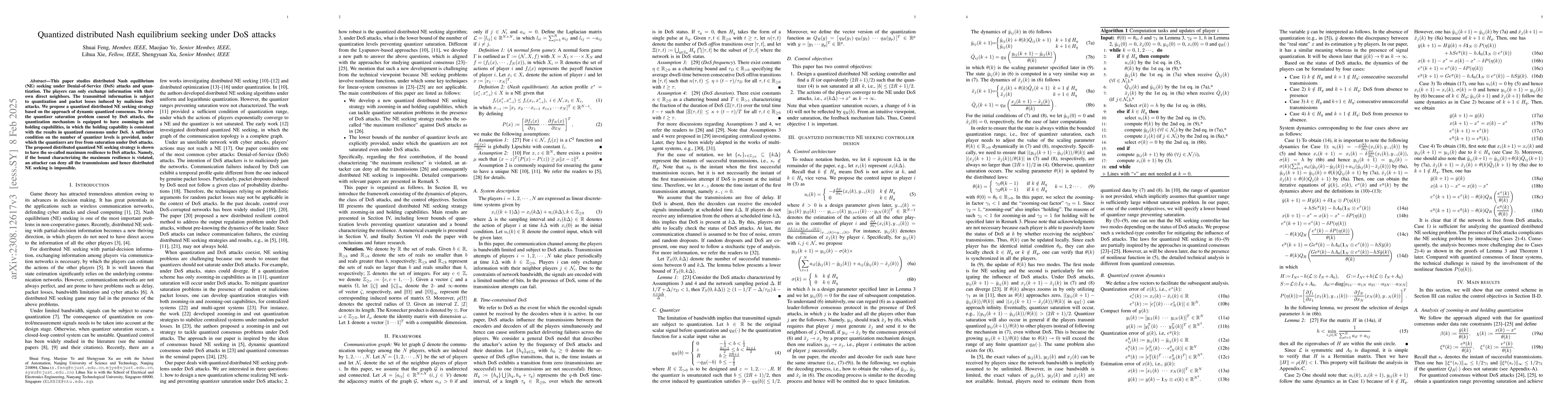 Thumbnail for Quantized distributed Nash equilibrium seeking under DoS attacks: A
  quantized consensus based approach