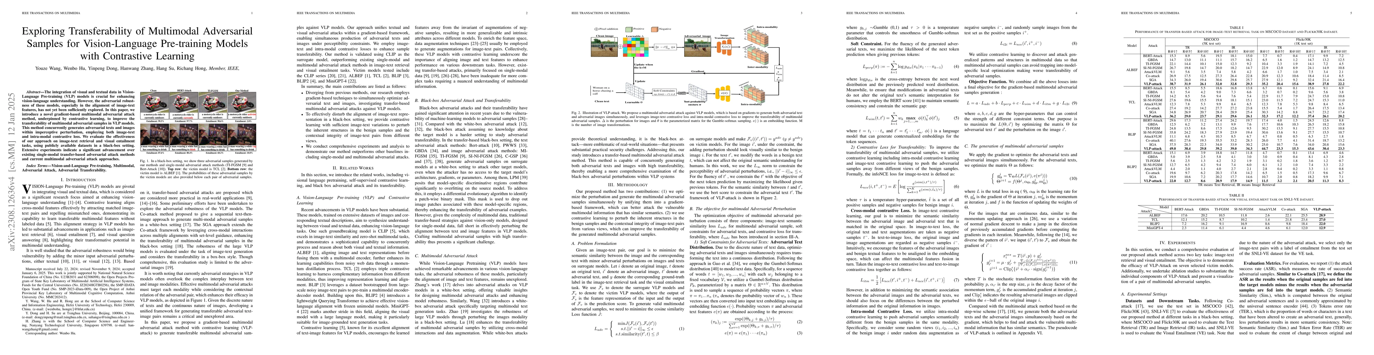 Thumbnail for Exploring Transferability of Multimodal Adversarial Samples for
  Vision-Language Pre-training Models with Contrastive Learning