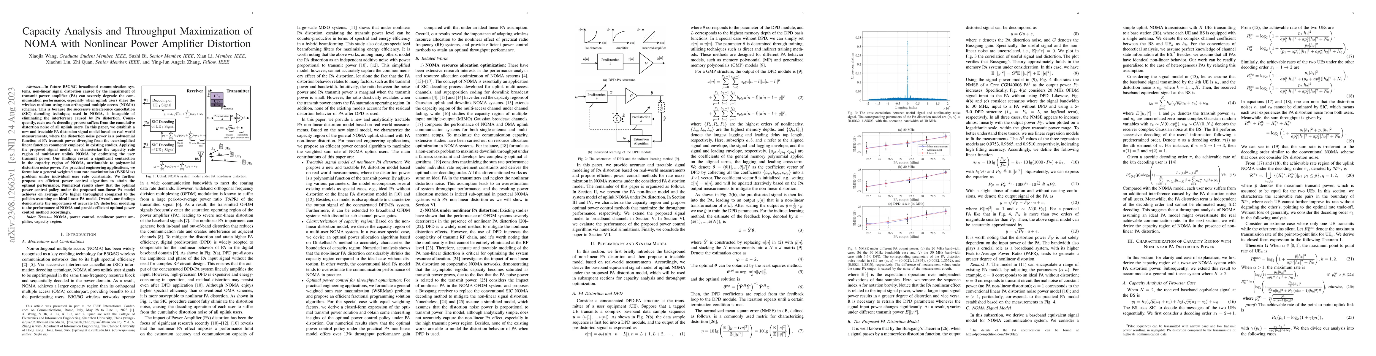 Thumbnail for Capacity Analysis and Throughput Maximization of NOMA with Nonlinear
  Power Amplifier Distortion