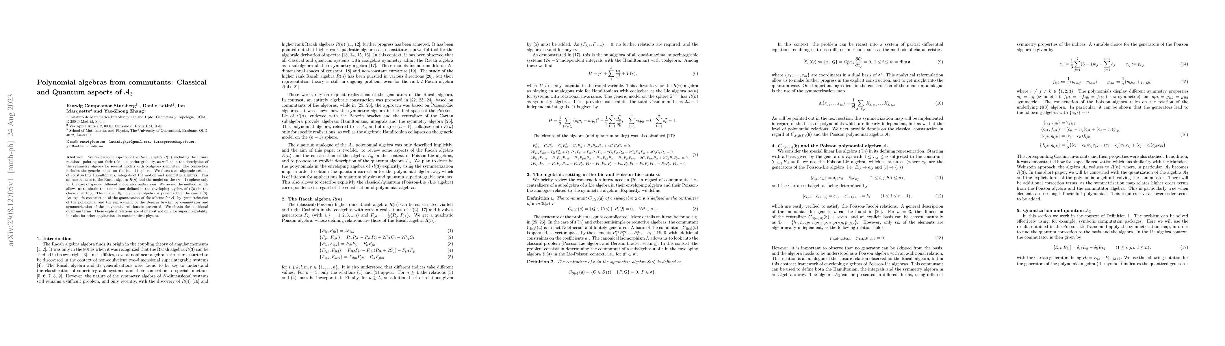Thumbnail for Polynomial algebras from commutants: Classical and Quantum aspects of
  $\mathcal{A}_3$