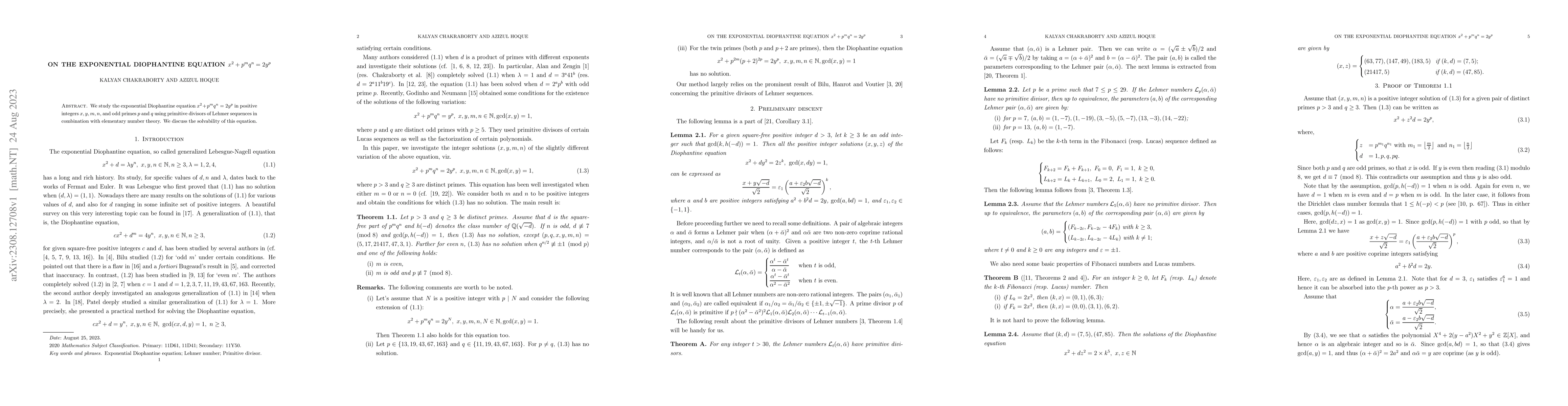 Thumbnail for On the exponential Diophantine equation $x^2+p^mq^n=2y^p$