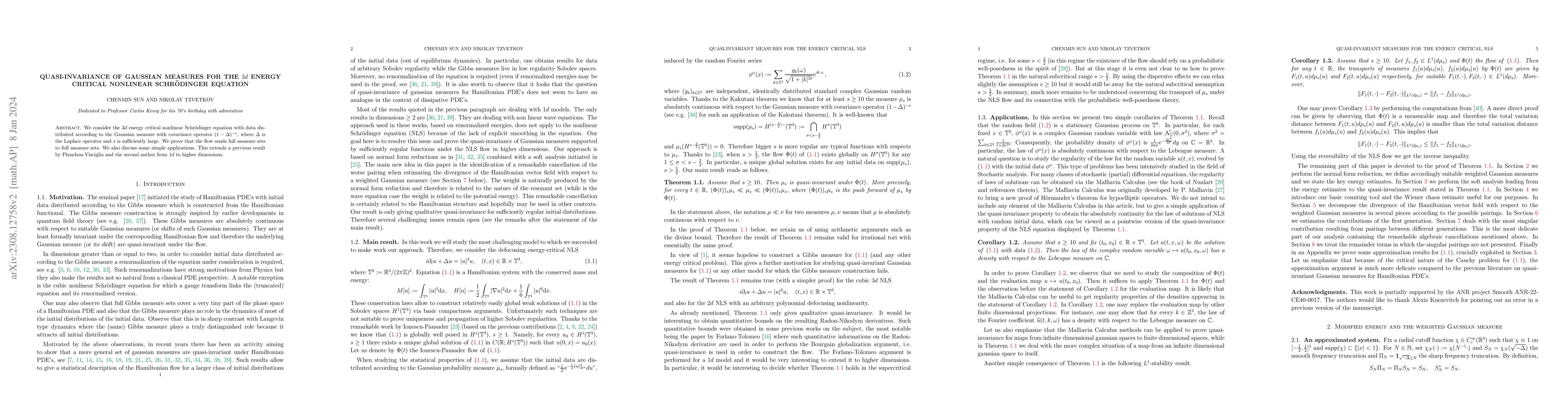 Thumbnail for Quasi-invariance of Gaussian measures for the $3d$ energy critical
  nonlinear Schr\" odinger equation