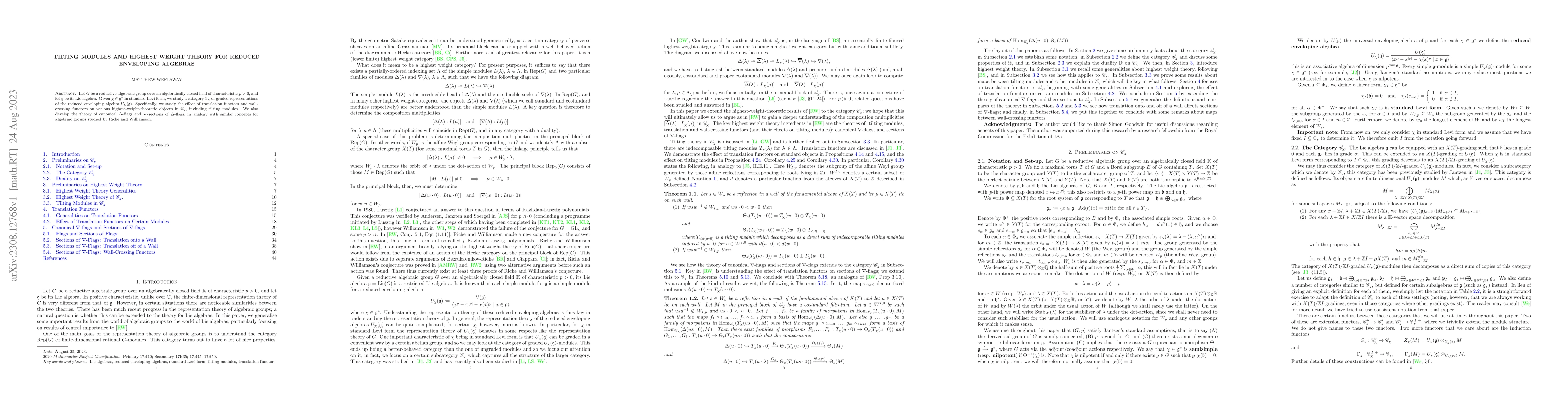 Thumbnail for Tilting modules and highest weight theory for reduced enveloping
  algebras