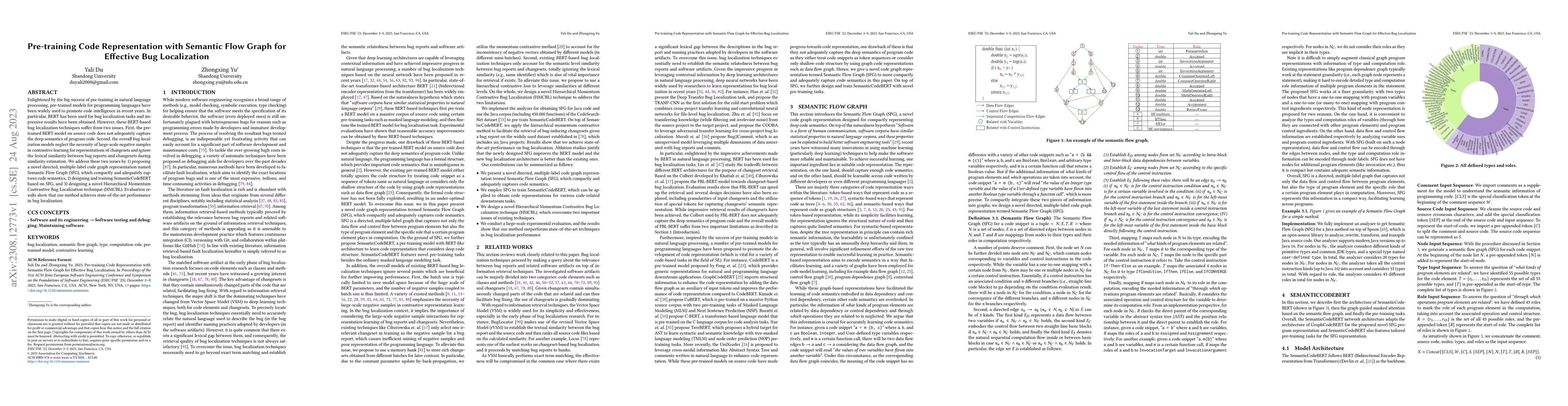 Thumbnail for Pre-training Code Representation with Semantic Flow Graph for Effective
  Bug Localization