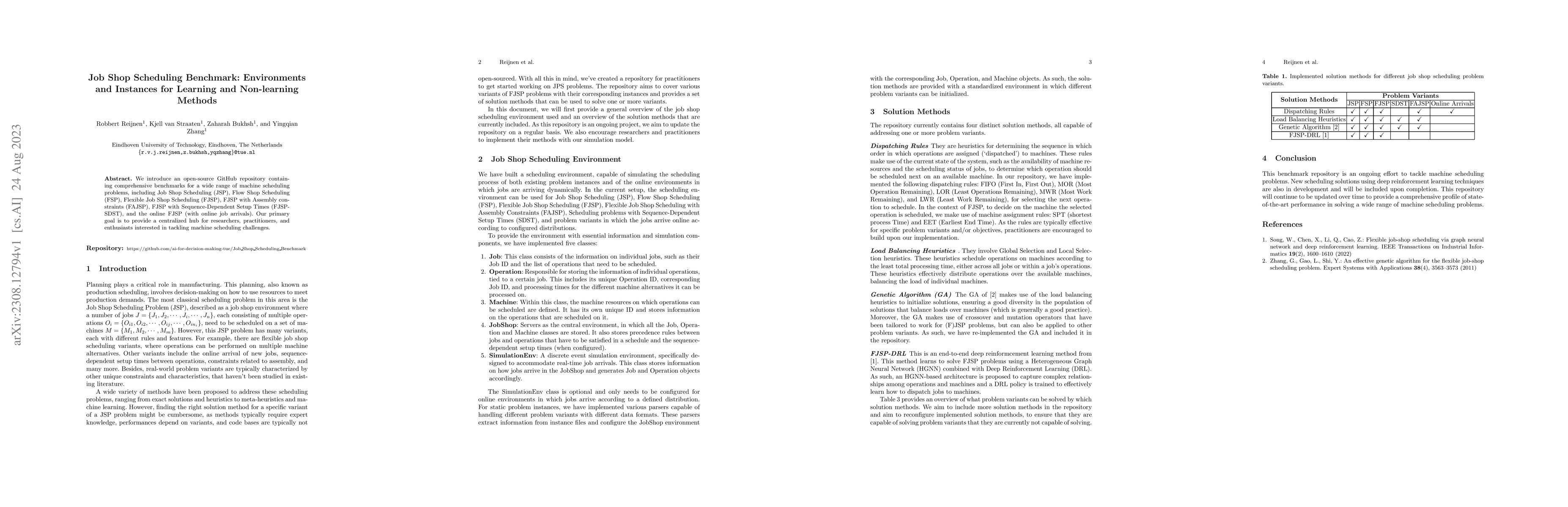 Thumbnail for Job Shop Scheduling Benchmark: Environments and Instances for Learning
  and Non-learning Methods