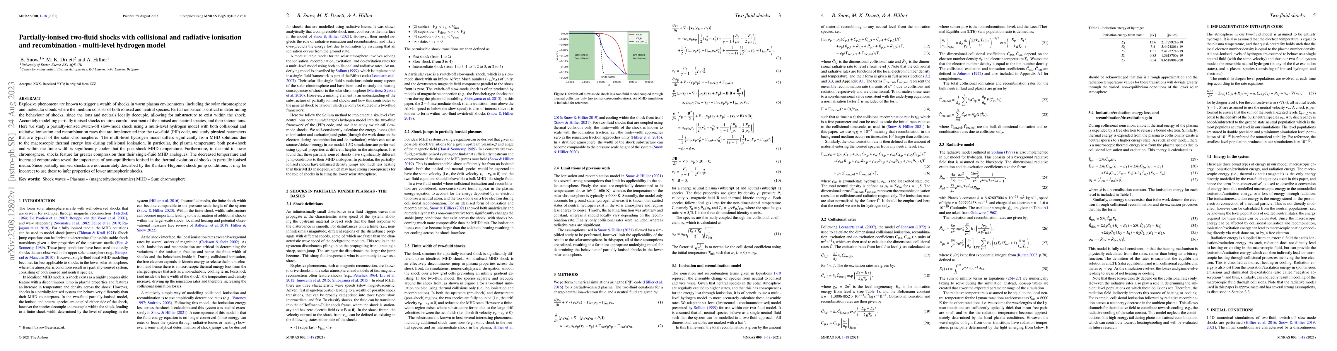 Thumbnail for Partially-ionised two-fluid shocks with collisional and radiative
  ionisation and recombination -- multi-level hydrogen model