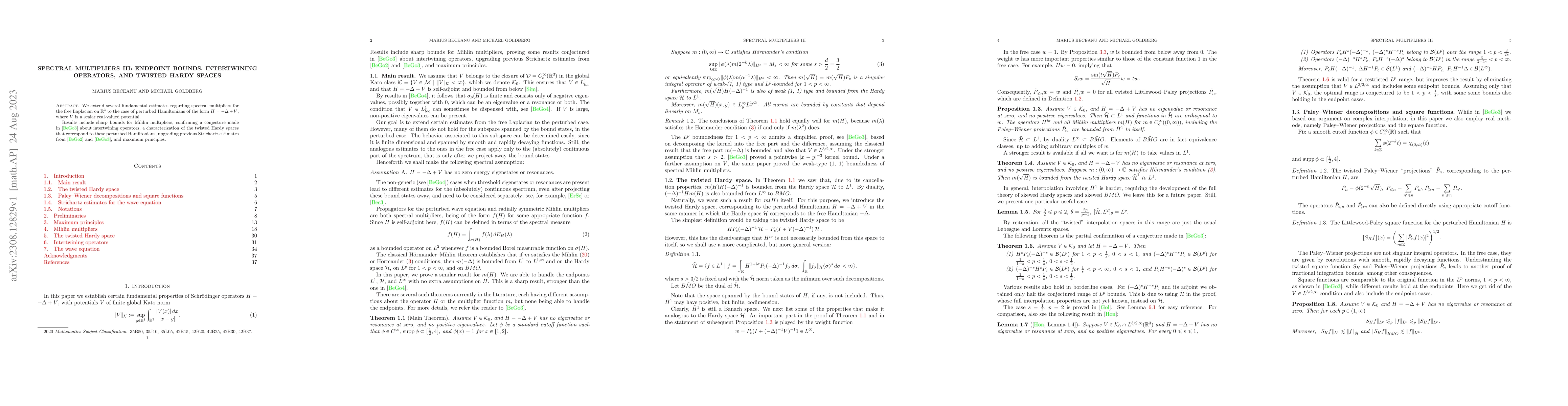 Thumbnail for Spectral multipliers III: Endpoint bounds, intertwining operators, and
  twisted Hardy spaces