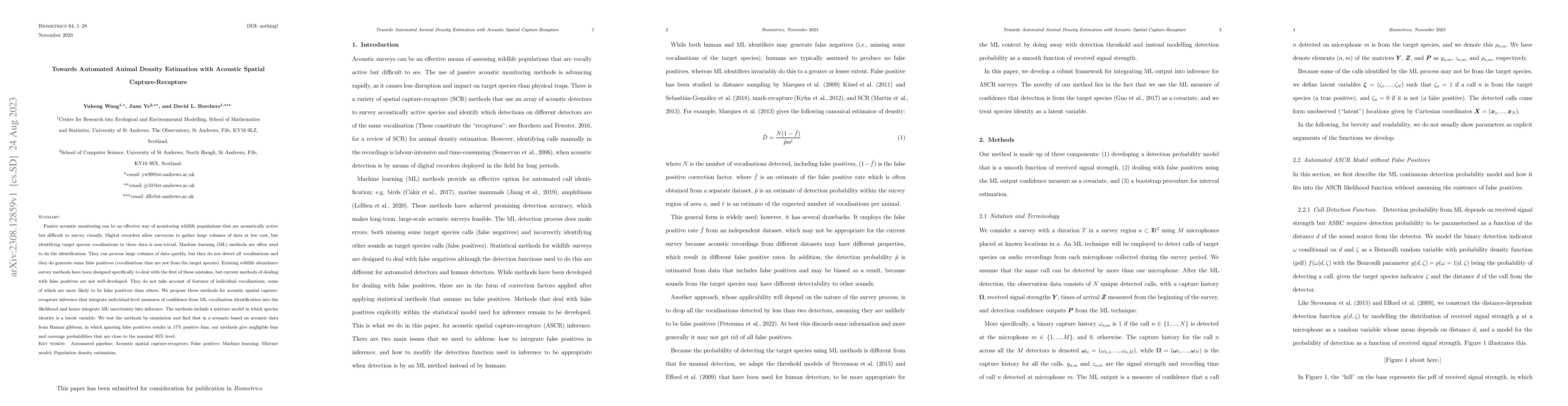 Thumbnail for Towards Automated Animal Density Estimation with Acoustic Spatial
  Capture-Recapture