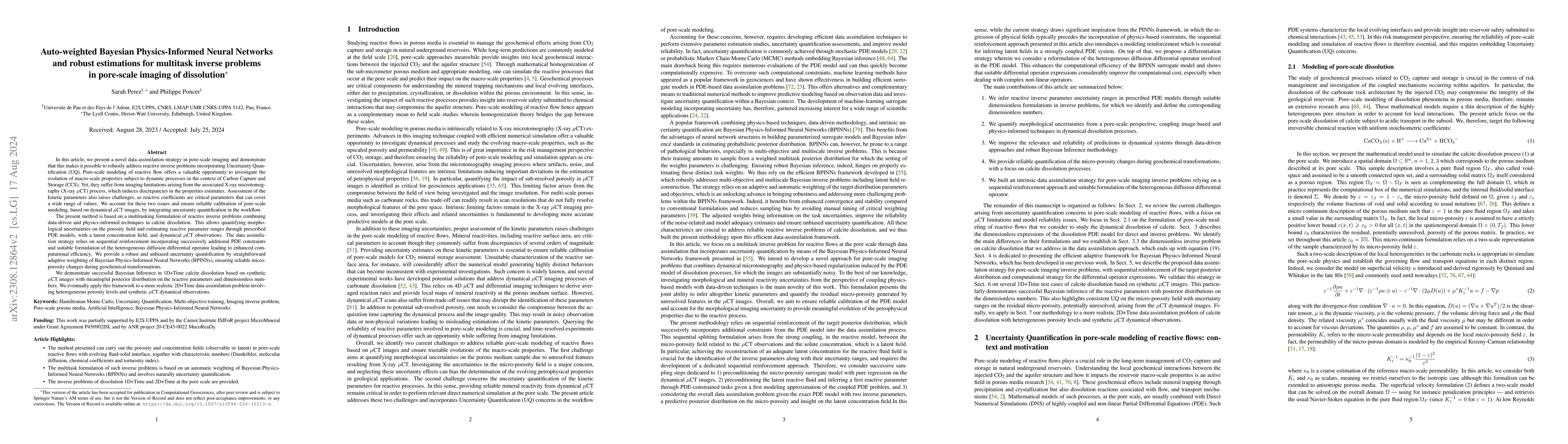Thumbnail for Auto-weighted Bayesian Physics-Informed Neural Networks and robust
  estimations for multitask inverse problems in pore-scale imaging of
  dissolution