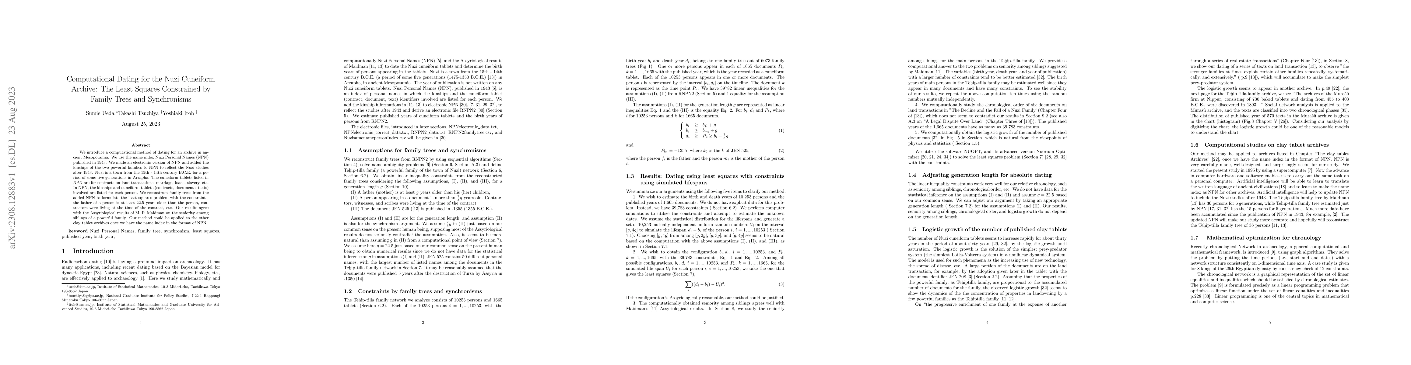 Thumbnail for Computational Dating for the Nuzi Cuneiform Archive: The Least Squares
  Constrained by Family Trees and Synchronisms