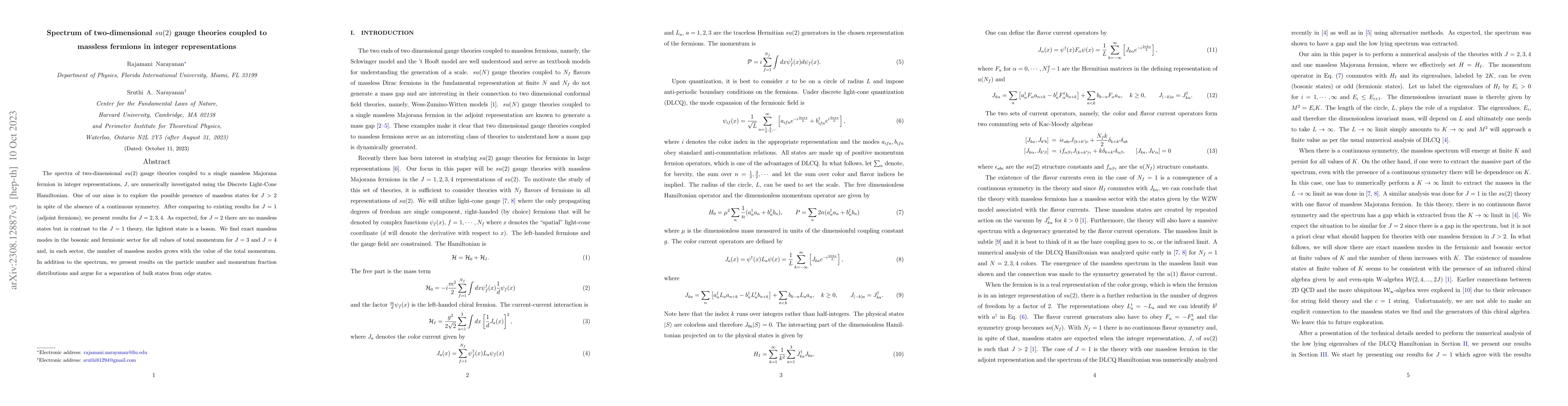 Thumbnail for Spectrum of two-dimensional $su(2)$ gauge theories coupled to massless
  fermions in integer representations
