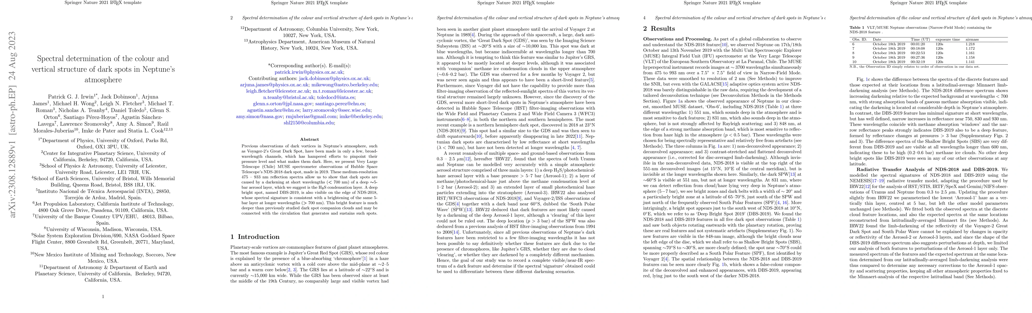 Thumbnail for Spectral determination of the colour and vertical structure of dark
  spots in Neptune's atmosphere