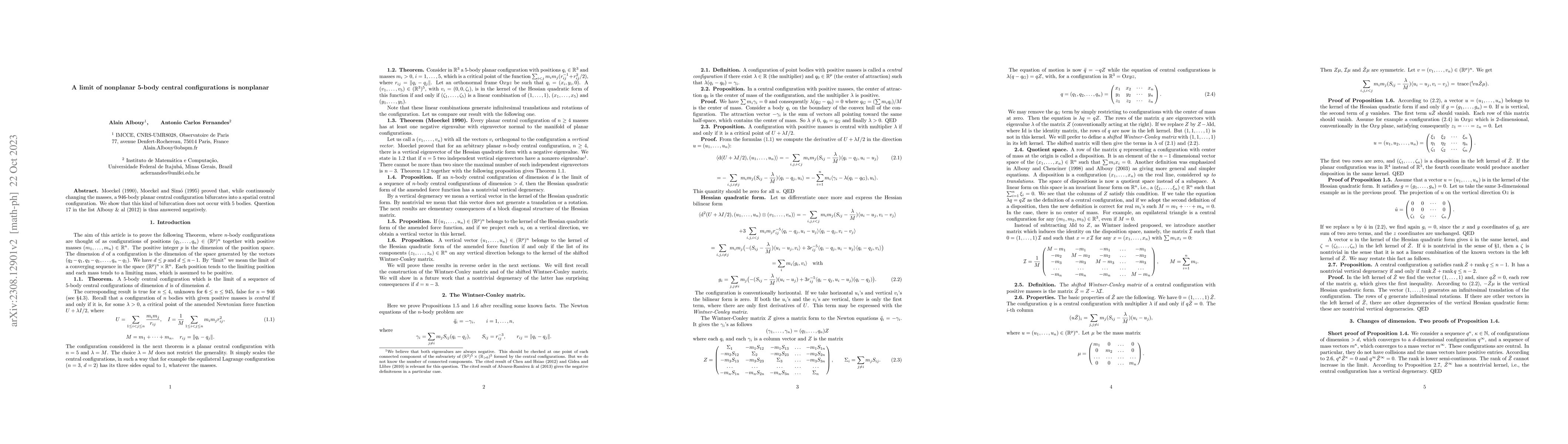 Thumbnail for A limit of nonplanar 5-body central configurations is nonplanar
