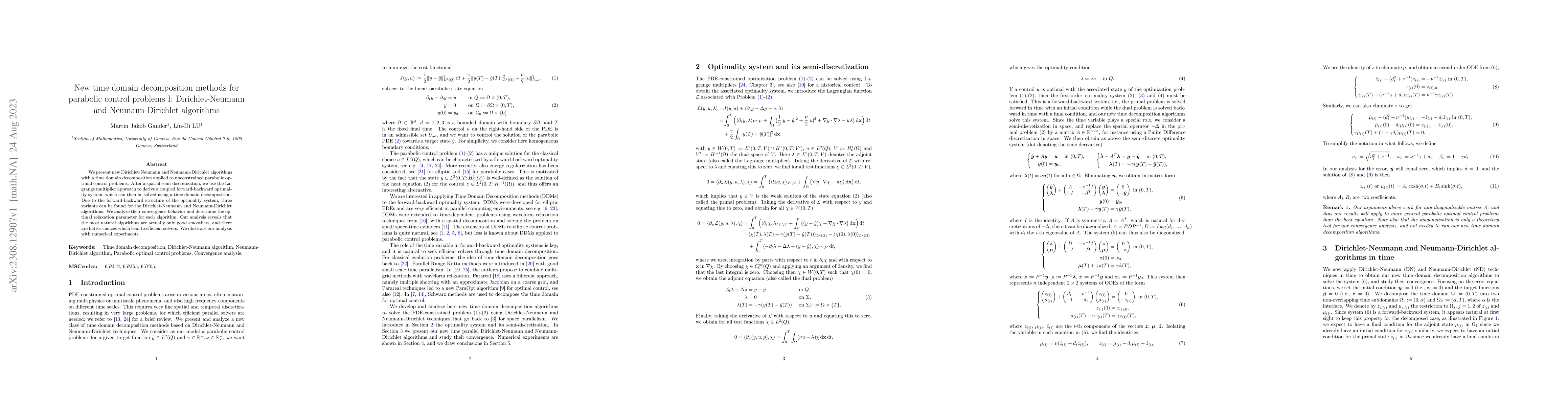 Thumbnail for New time domain decomposition methods for parabolic control problems I:
  Dirichlet-Neumann and Neumann-Dirichlet algorithms