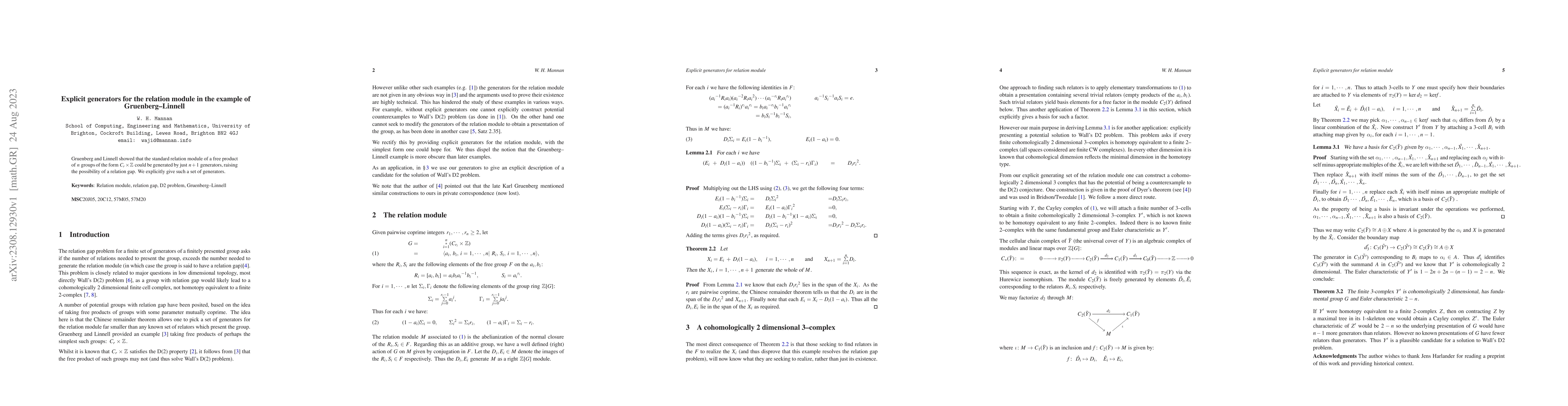 Thumbnail for Explicit generators for the relation module in the example of
  Gruenberg-Linnell