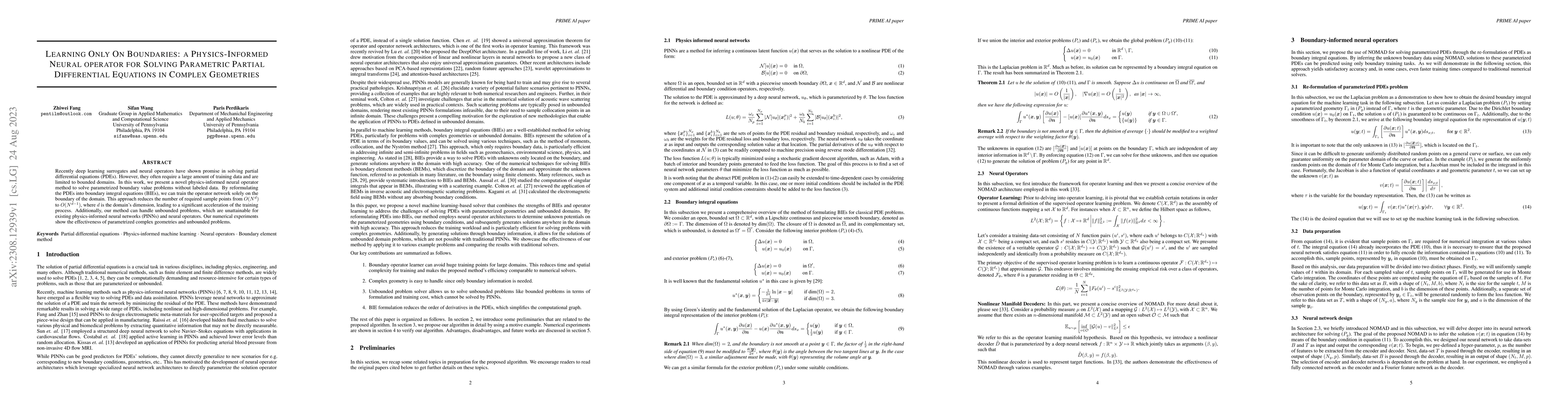 Thumbnail for Learning Only On Boundaries: a Physics-Informed Neural operator for
  Solving Parametric Partial Differential Equations in Complex Geometries