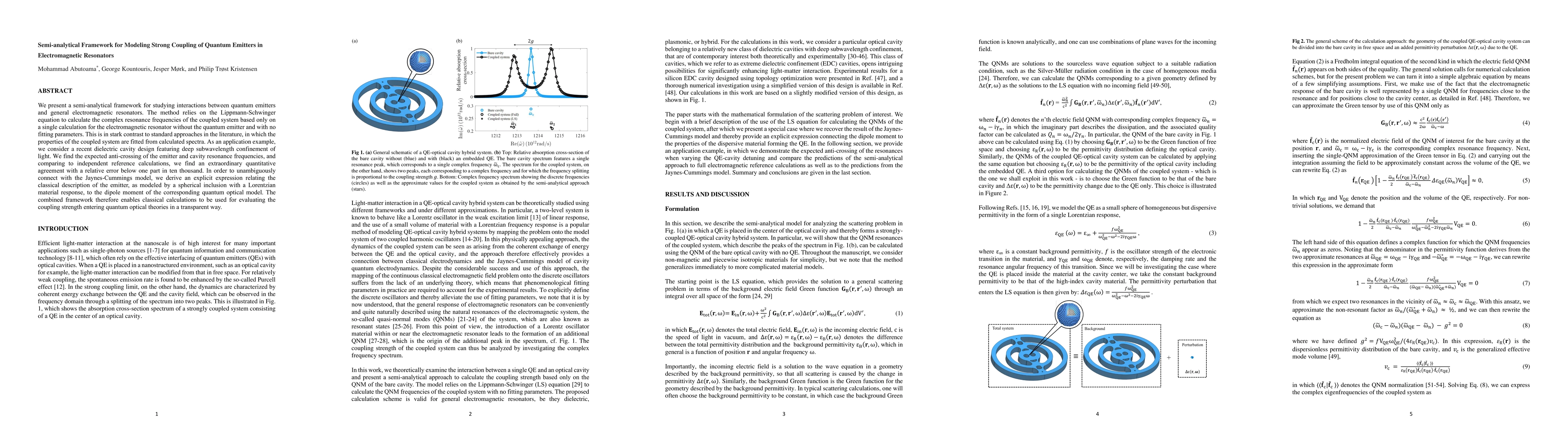 Thumbnail for Semi-analytical Framework for Modeling Strong Coupling of Quantum
  Emitters in Electromagnetic Resonators
