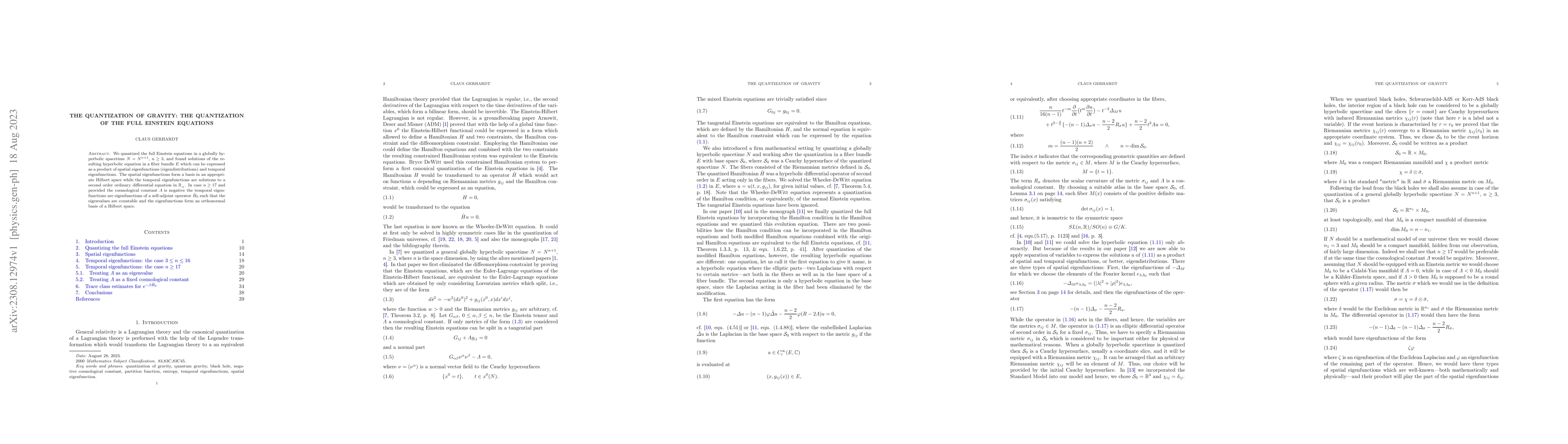 Thumbnail for The quantization of gravity: The quantization of the full Einstein
  equations