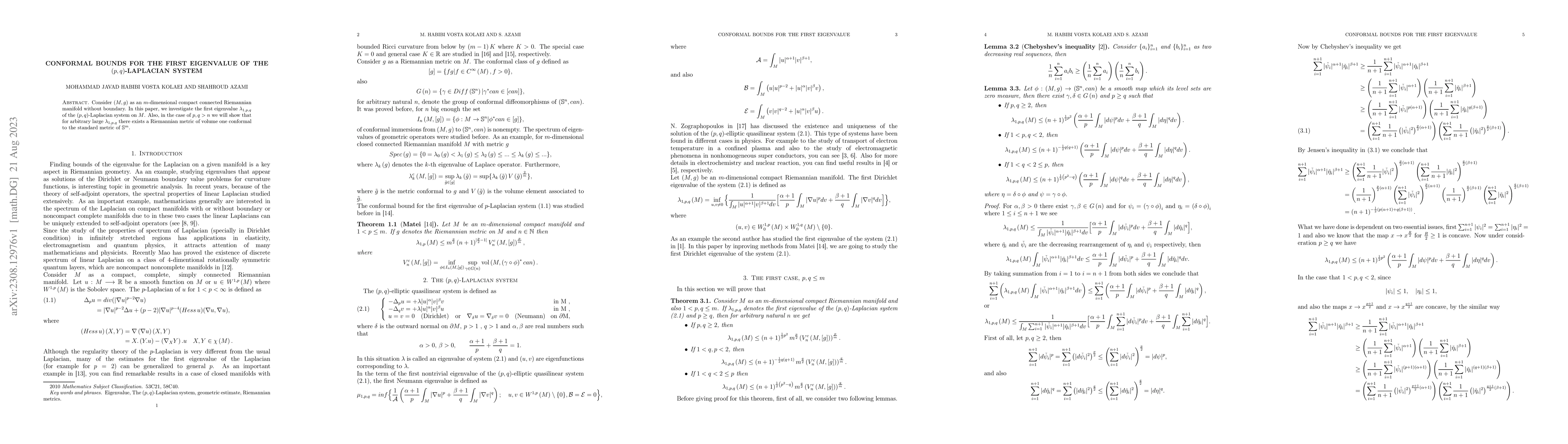 Thumbnail for Conformal bounds for the first eigenvalue of the $(p,q)$-Laplacian
  system