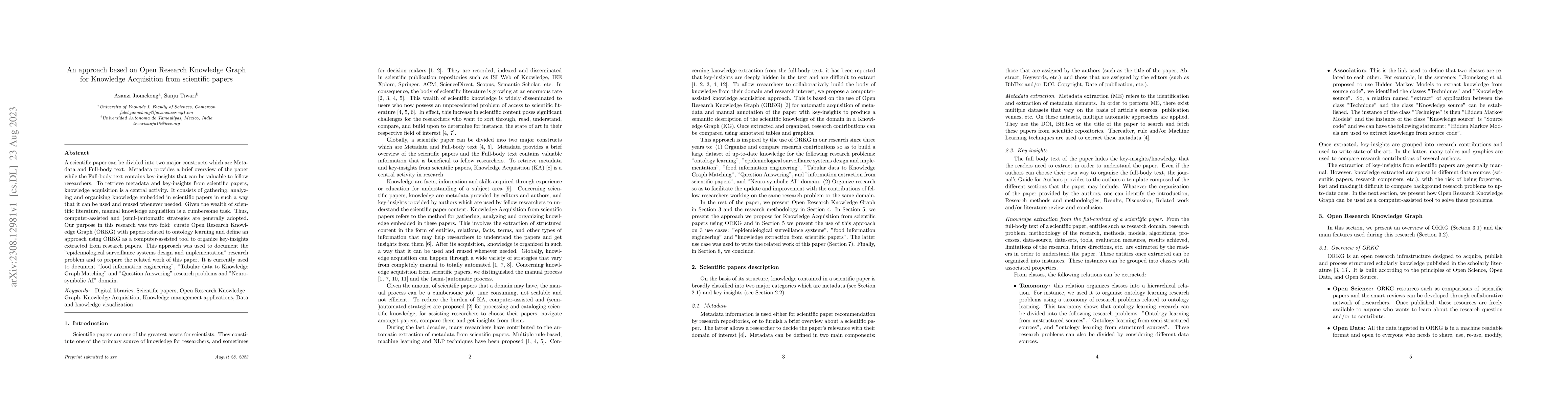 Thumbnail for An approach based on Open Research Knowledge Graph for Knowledge
  Acquisition from scientific papers