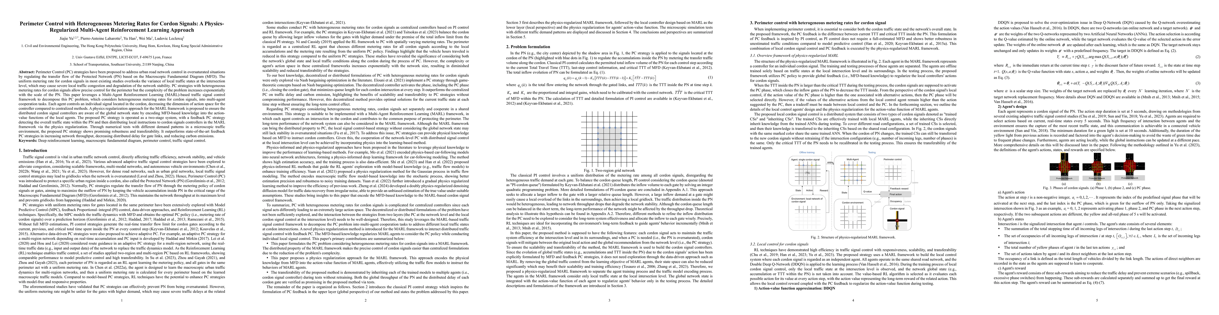 Thumbnail for Perimeter Control with Heterogeneous Metering Rates for Cordon Signals:
  A Physics-Regularized Multi-Agent Reinforcement Learning Approach