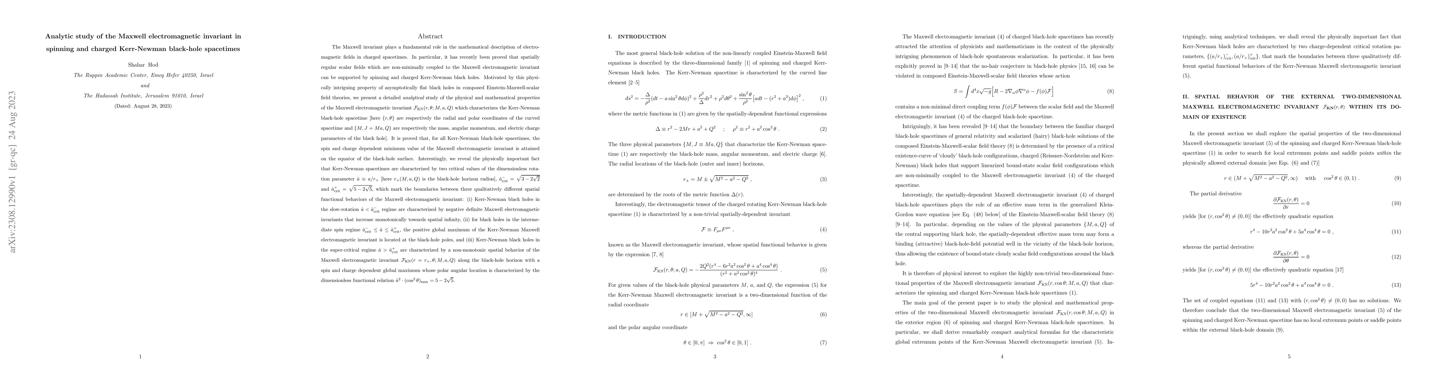 Thumbnail for Analytic study of the Maxwell electromagnetic invariant in spinning and
  charged Kerr-Newman black-hole spacetimes