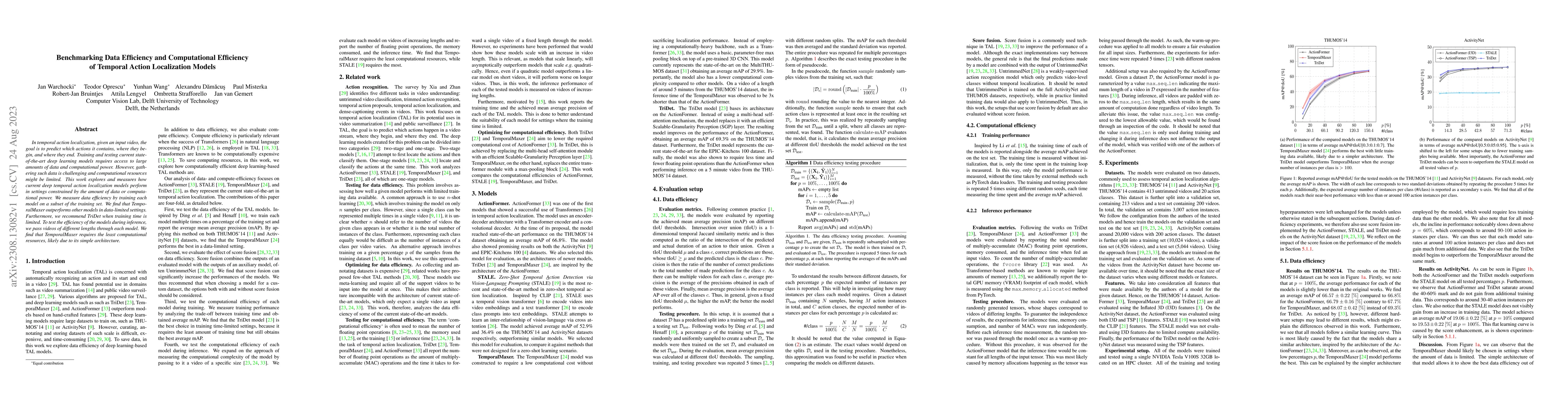 Thumbnail for Benchmarking Data Efficiency and Computational Efficiency of Temporal
  Action Localization Models