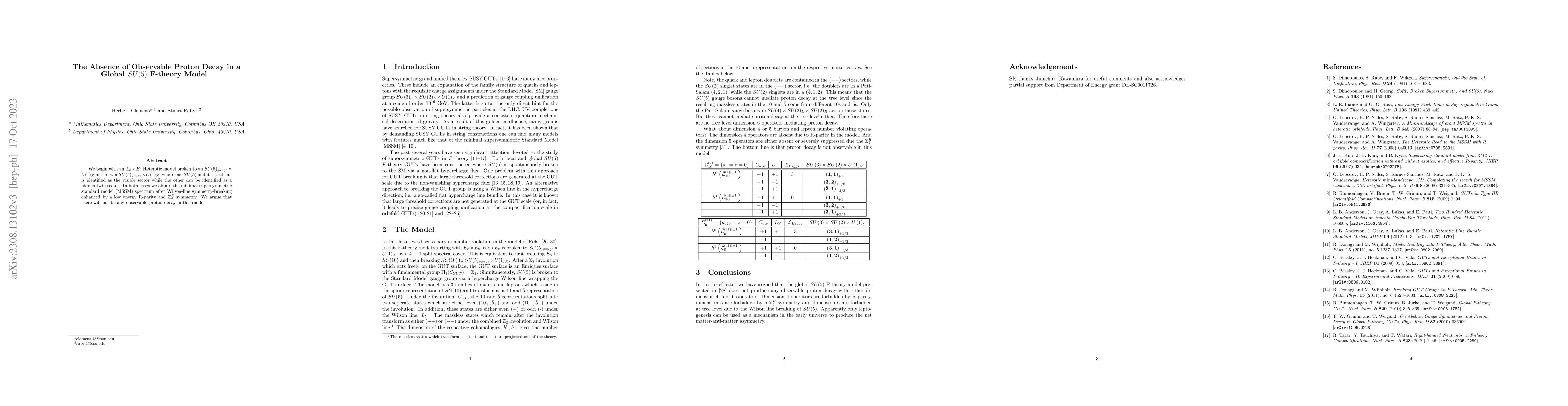 Thumbnail for The Absence of Observable Proton Decay in a Global $SU(5)$ F-theory
  Model