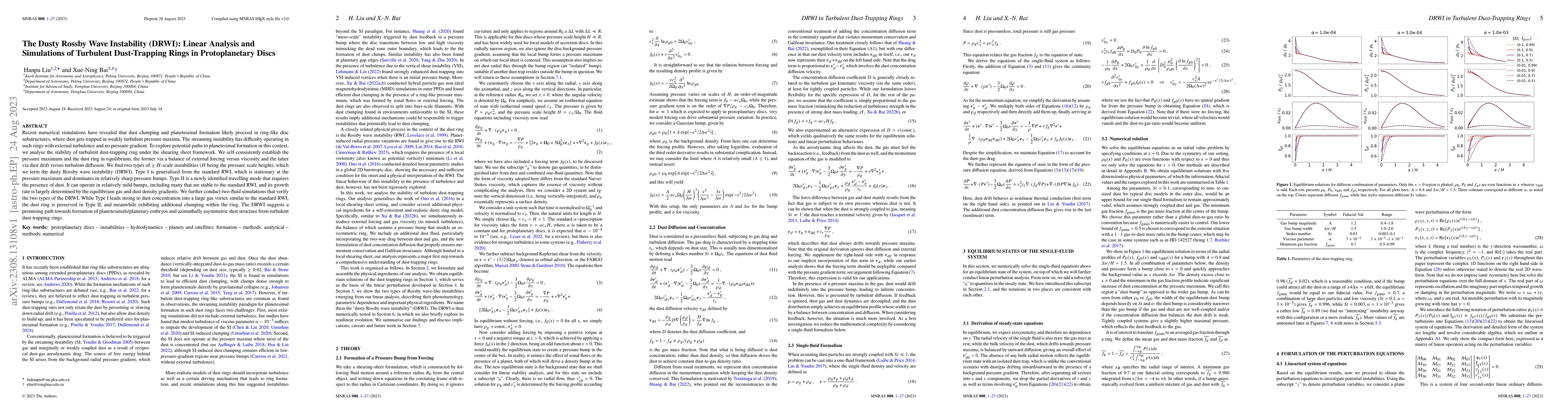 Thumbnail for The Dusty Rossby Wave Instability (DRWI): Linear Analysis and
  Simulations of Turbulent Dust-Trapping Rings in Protoplanetary Discs
