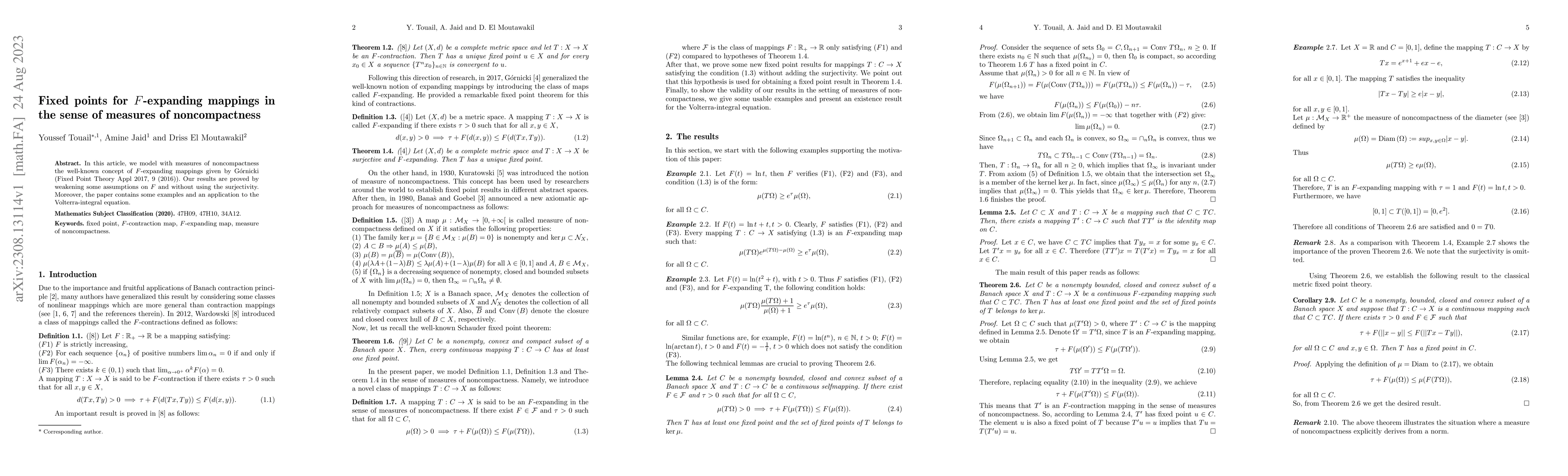 Thumbnail for Fixed points for $F$-expanding mappings in the sense of measures of
  noncompactness