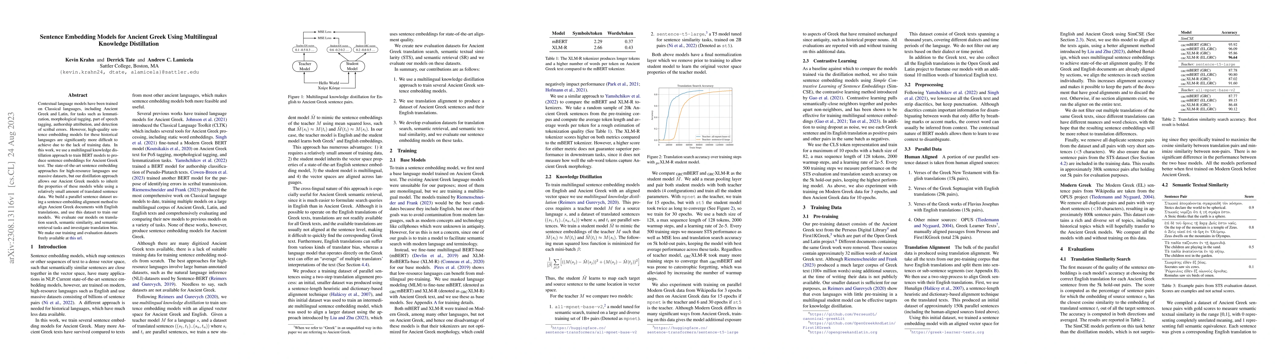 Thumbnail for Sentence Embedding Models for Ancient Greek Using Multilingual Knowledge
  Distillation