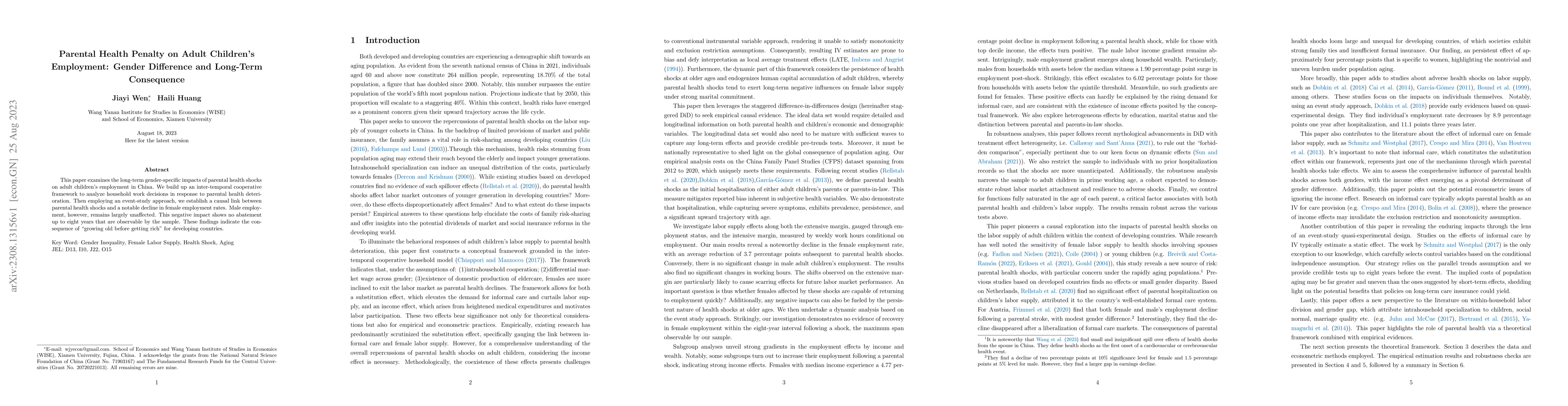 Thumbnail for Parental Health Penalty on Adult Children's Employment: Gender
  Difference and Long-Term Consequence