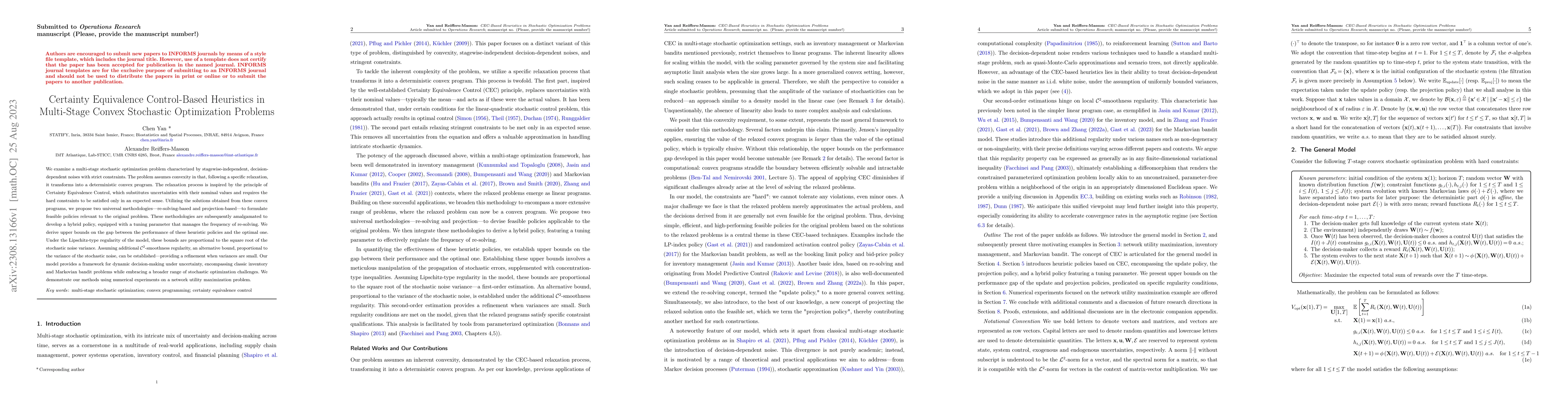 Thumbnail for Certainty Equivalence Control-Based Heuristics in Multi-Stage Convex
  Stochastic Optimization Problems