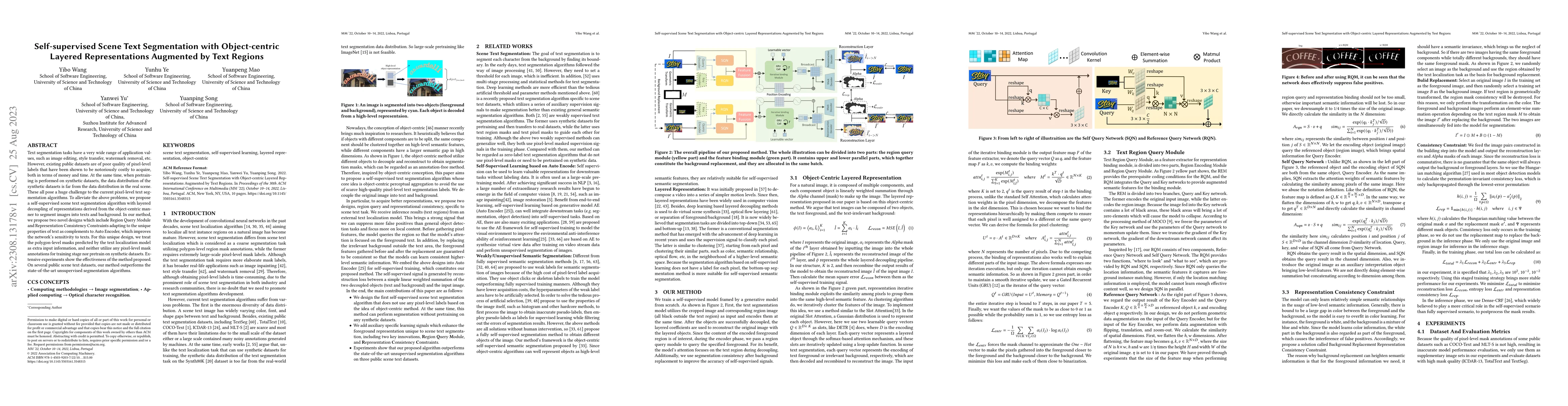 Thumbnail for Self-supervised Scene Text Segmentation with Object-centric Layered
  Representations Augmented by Text Regions