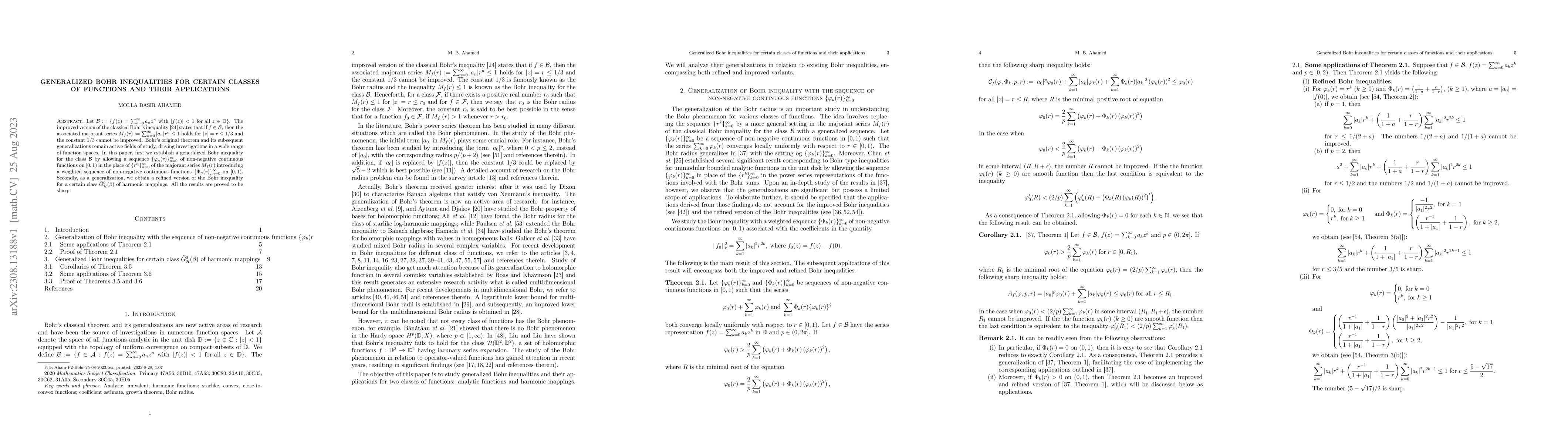 Thumbnail for Generalized Bohr inequalities for certain classes of functions and their
  applications