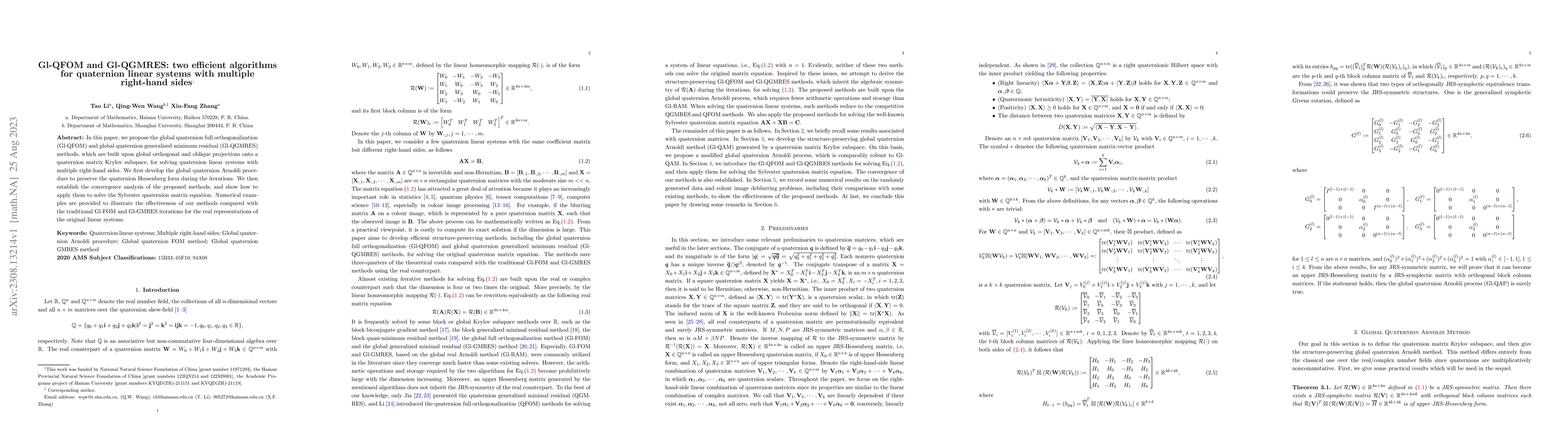 Thumbnail for Gl-QFOM and Gl-QGMRES: two efficient algorithms for quaternion linear
  systems with multiple right-hand sides