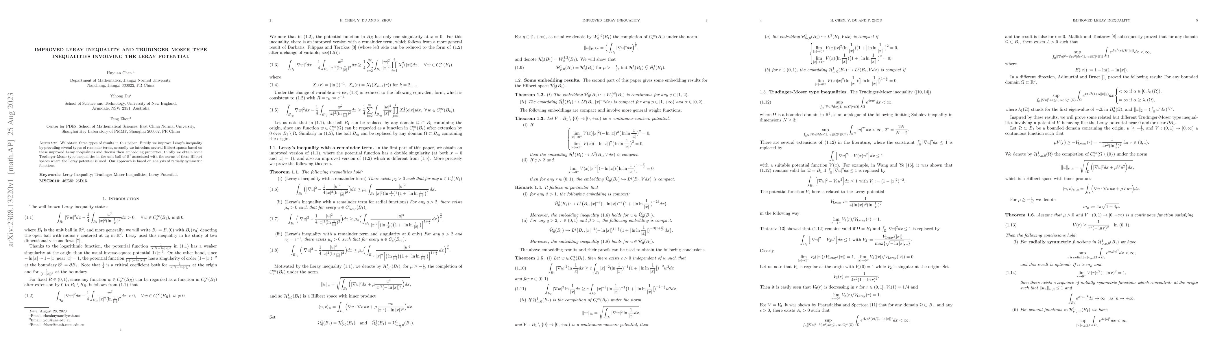 Thumbnail for Improved Lerey inequality and Trudinger-Moser type inequality involving
  the Leray potential