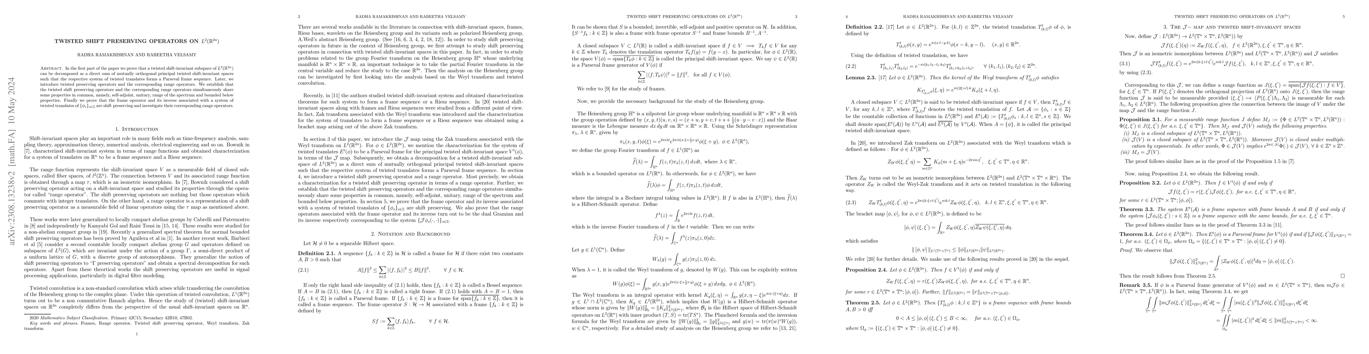 Thumbnail for Twisted shift preserving operators on $L^{2}(\mathbb{R}^{2n})$