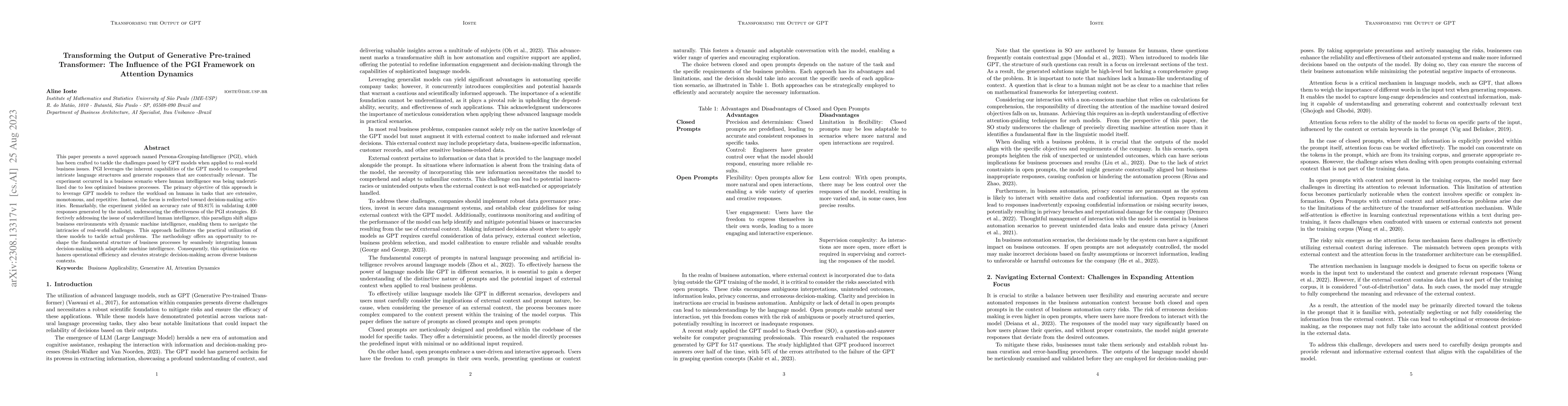 Thumbnail for Transforming the Output of Generative Pre-trained Transformer: The
  Influence of the PGI Framework on Attention Dynamics