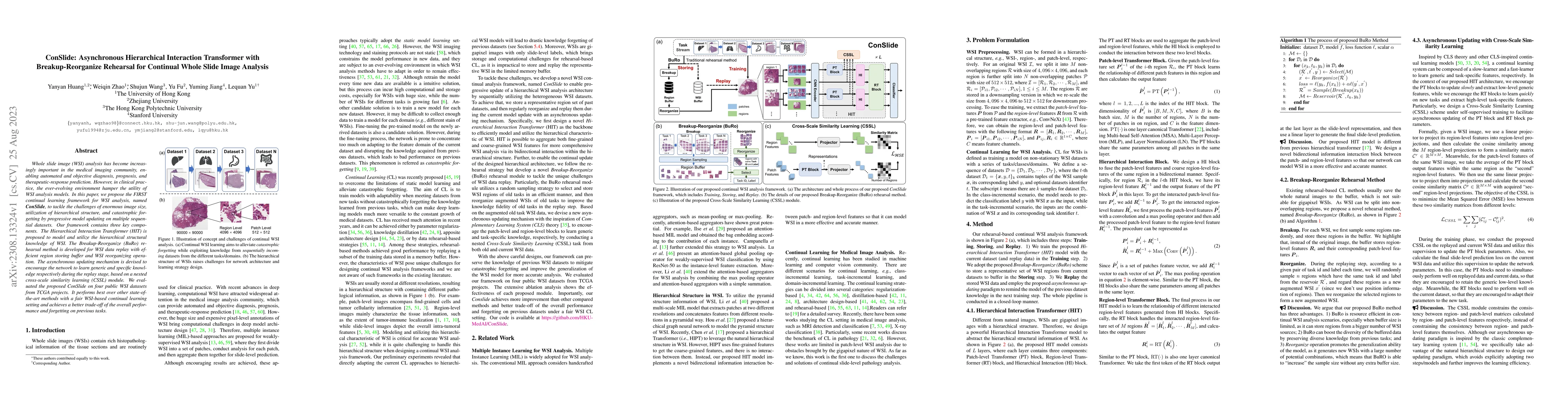 Thumbnail for ConSlide: Asynchronous Hierarchical Interaction Transformer with
  Breakup-Reorganize Rehearsal for Continual Whole Slide Image Analysis