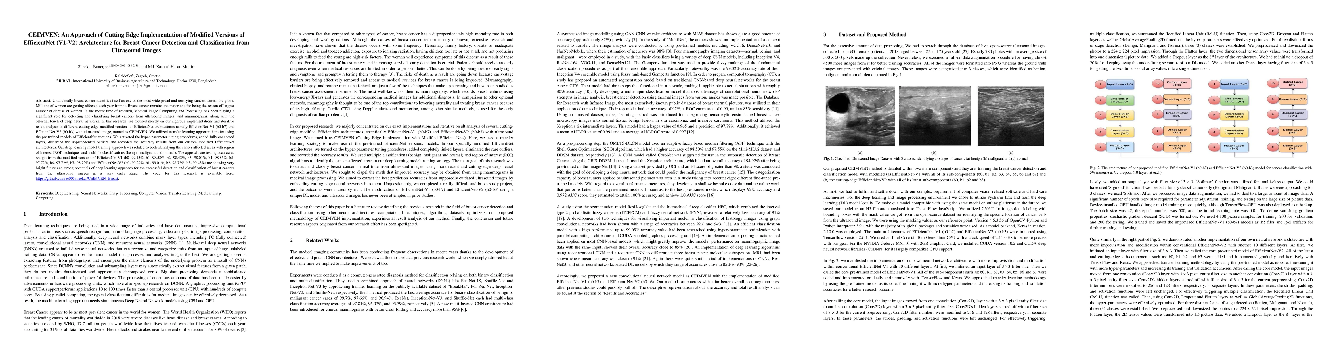 Thumbnail for CEIMVEN: An Approach of Cutting Edge Implementation of Modified Versions
  of EfficientNet (V1-V2) Architecture for Breast Cancer Detection and
  Classification from Ultrasound Images