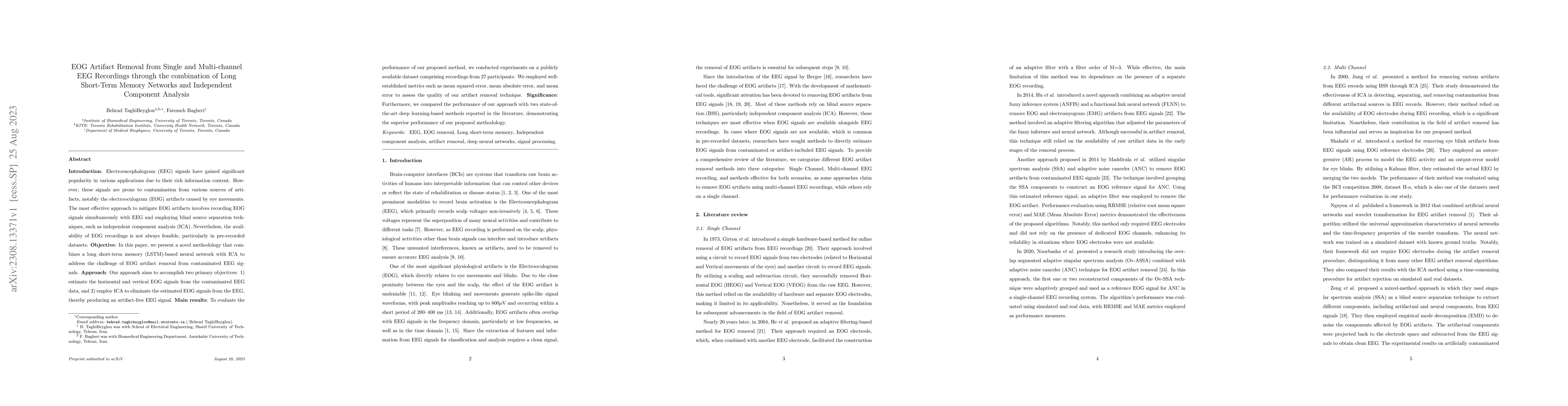 Thumbnail for EOG Artifact Removal from Single and Multi-channel EEG Recordings
  through the combination of Long Short-Term Memory Networks and Independent
  Component Analysis