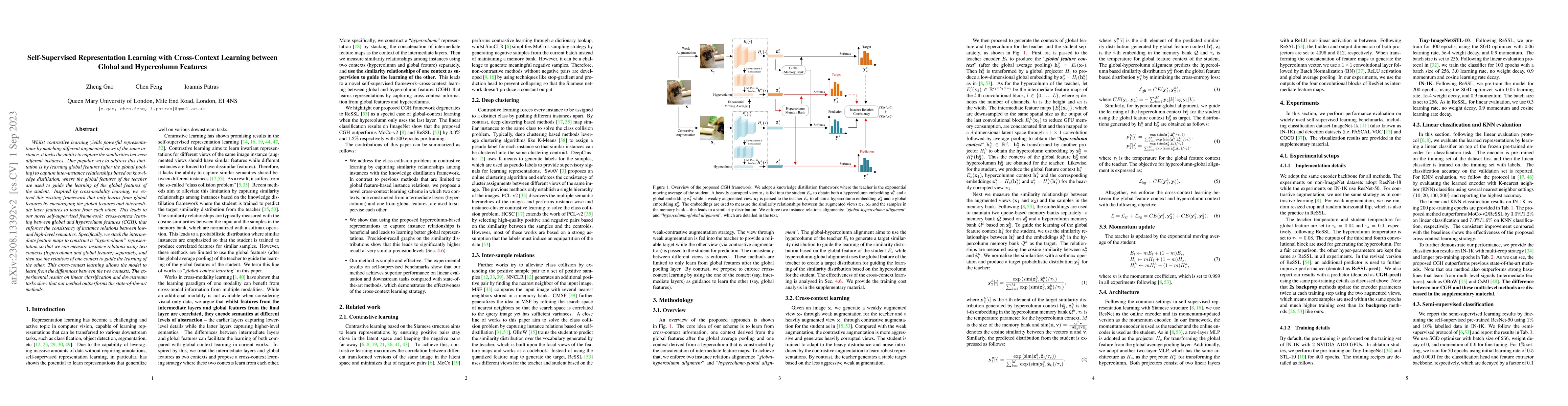 Thumbnail for Self-Supervised Representation Learning with Cross-Context Learning
  between Global and Hypercolumn Features