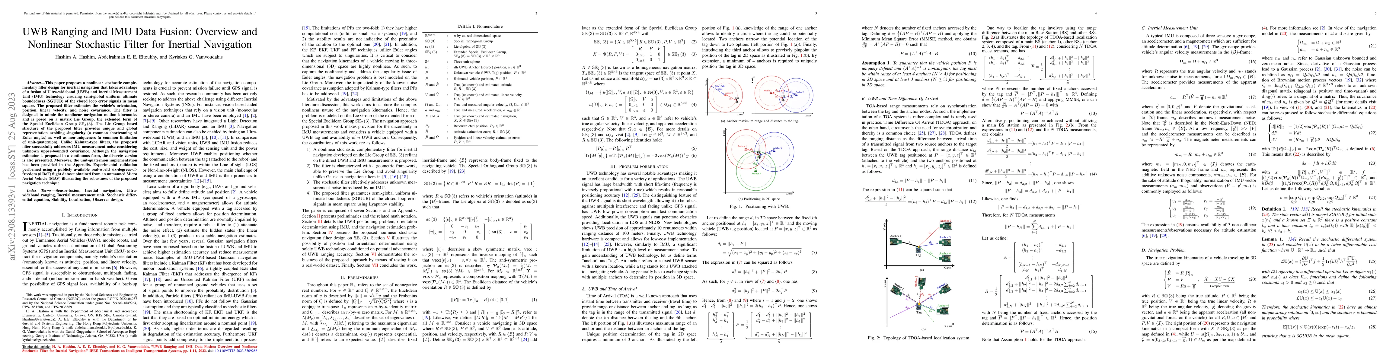 Thumbnail for UWB Ranging and IMU Data Fusion: Overview and Nonlinear Stochastic
  Filter for Inertial Navigation