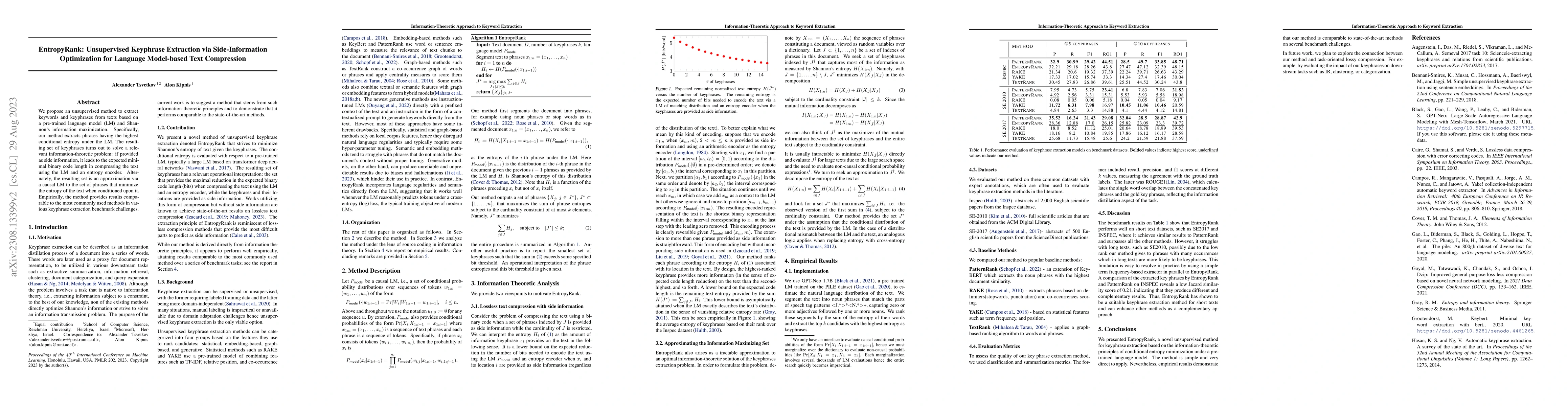 Thumbnail for EntropyRank: Unsupervised Keyphrase Extraction via Side-Information
  Optimization for Language Model-based Text Compression
