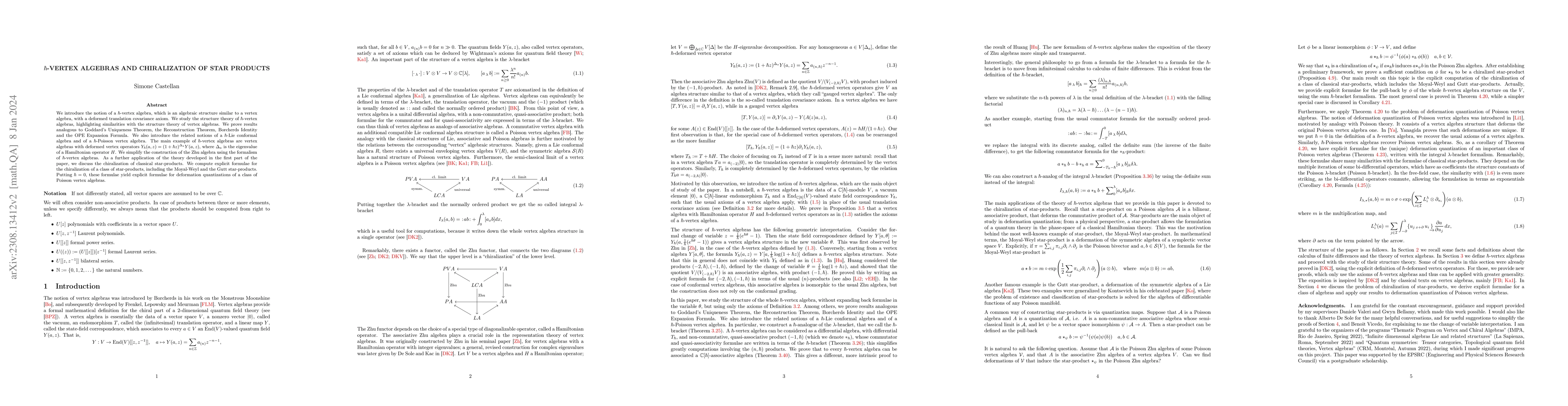 Thumbnail for $\hbar$-Vertex algebras and chiralization of star products