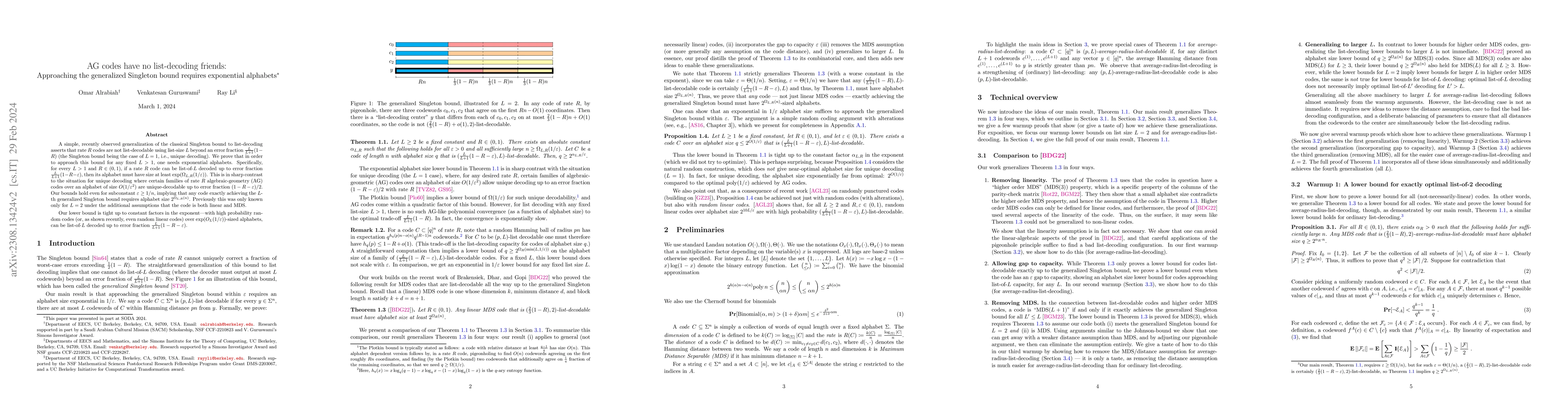 Thumbnail for AG codes have no list-decoding friends: Approaching the generalized
  Singleton bound requires exponential alphabets