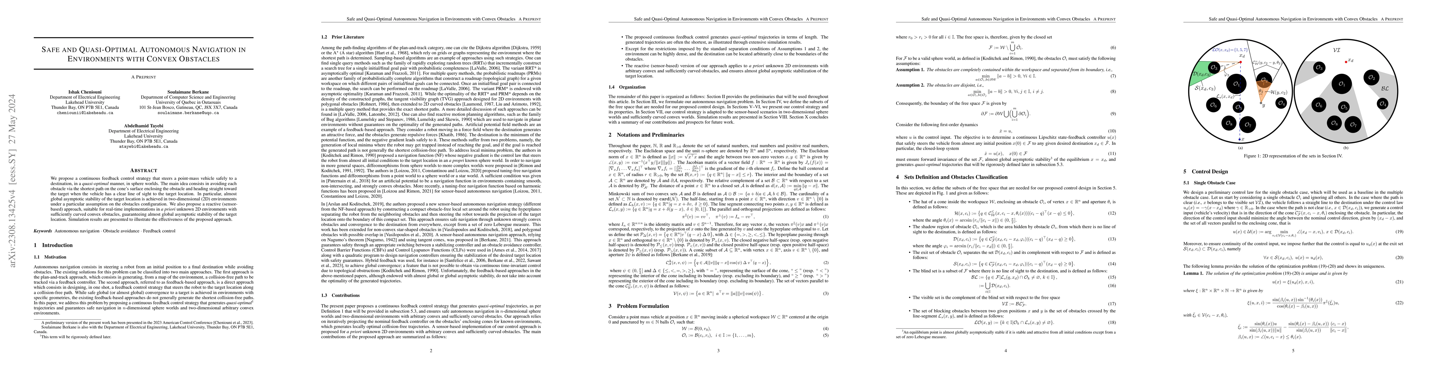 Thumbnail for Safe and Quasi-Optimal Autonomous Navigation in Environments with Convex
  Obstacles