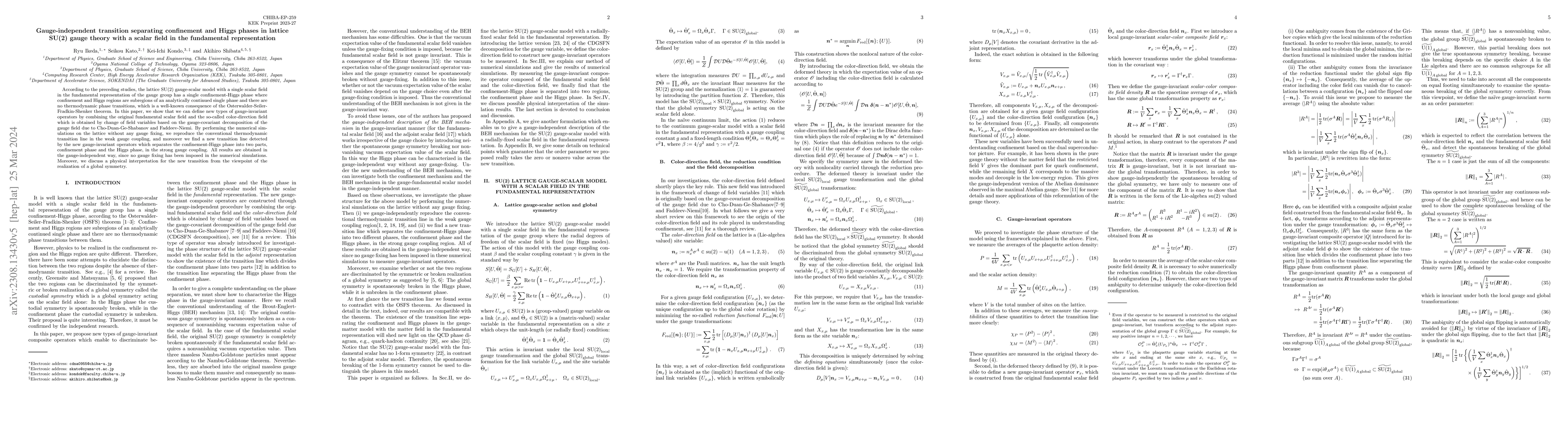 Thumbnail for Gauge-independent transition separating confinement and Higgs phases in
  lattice SU(2) gauge theory with a scalar field in the fundamental
  representation