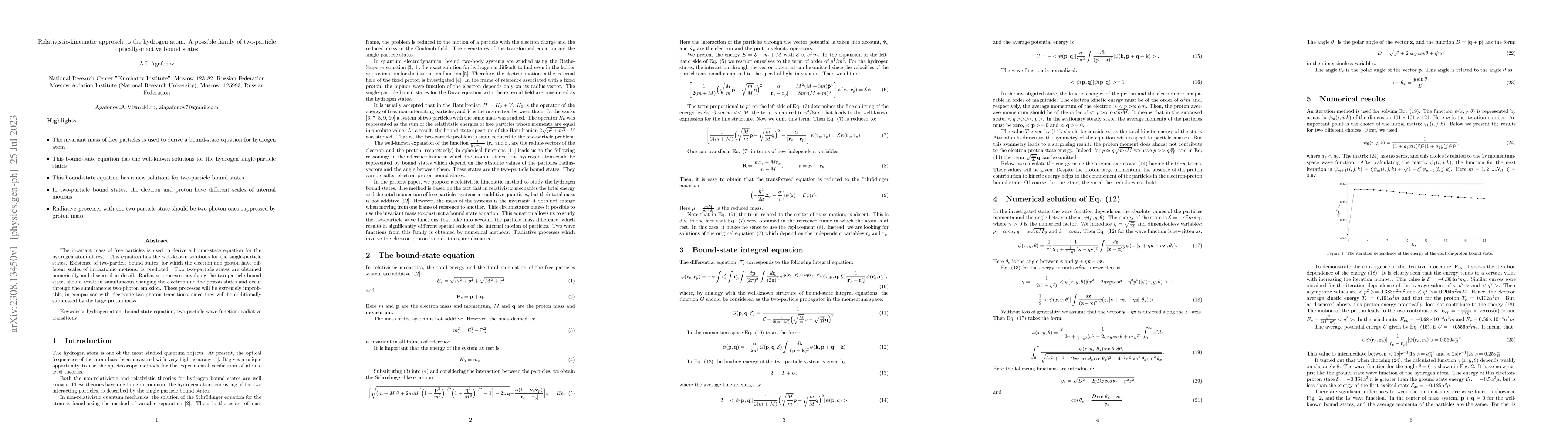 Thumbnail for Relativistic-kinematic approach to the hydrogen atom. A possible family
  of two-particle optically-inactive bound states